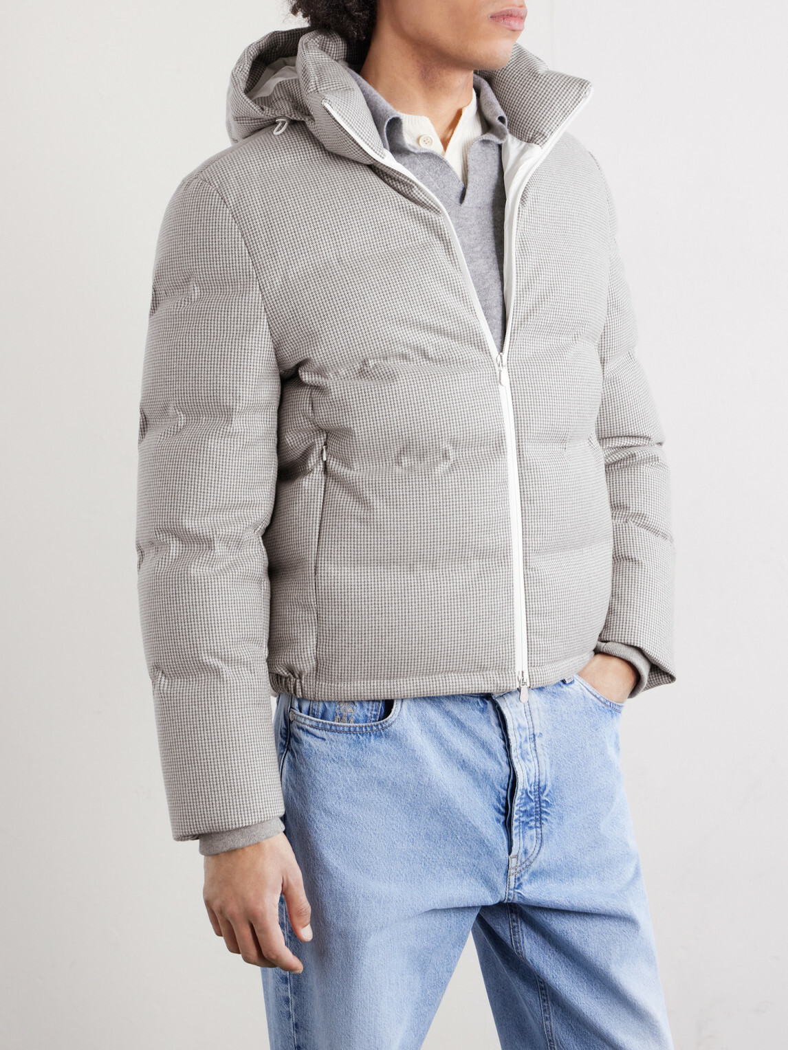 Brunello Cucinelli - Quilted Herringbone Cashmere and Silk-Blend Hooded Down Jacket - Gray