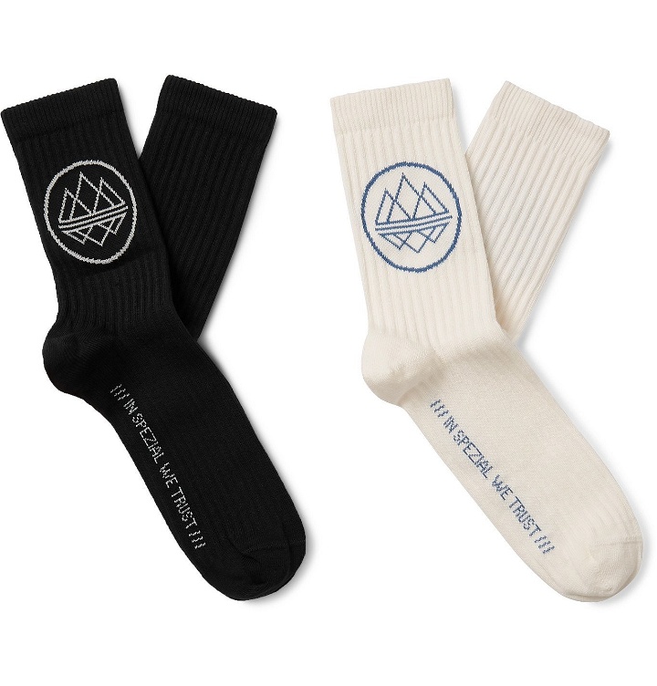 Photo: adidas Consortium - SPEZIAL Two-Pack Logo-Intarsia Cotton-Blend Socks - Black