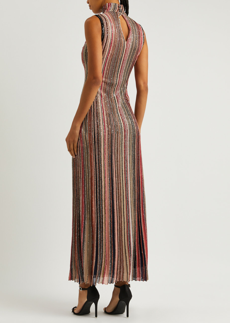 missoni long striped dress with sequins and neck fastening Missoni Long Striped Dress With Sequins And Neck Fastening in Red
