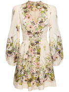 ZIMMERMANN Halliday Linen Plunge Neck Mini Dress