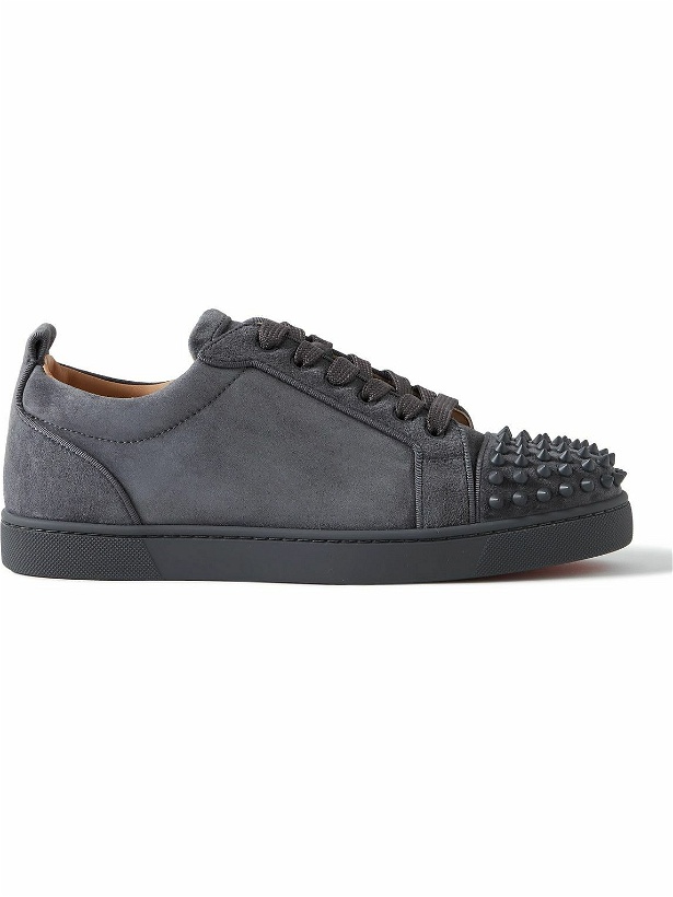 Photo: Christian Louboutin - Louis Junior Spikes Cap-Toe Suede Sneakers - Gray