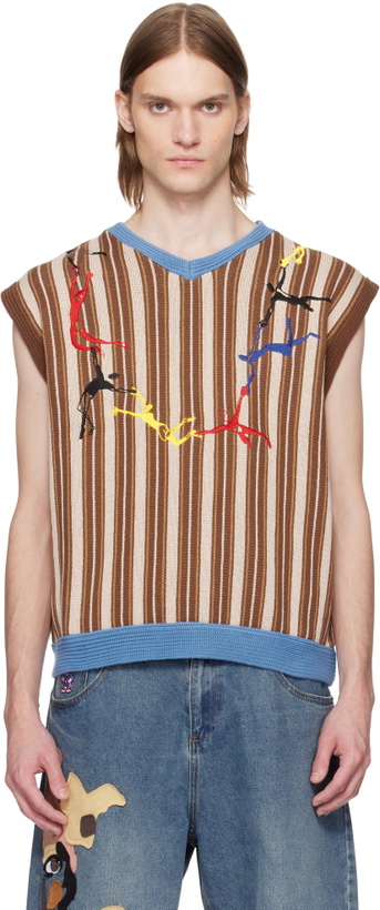 Photo: KidSuper Brown Embroidered Figures Knit Sweater