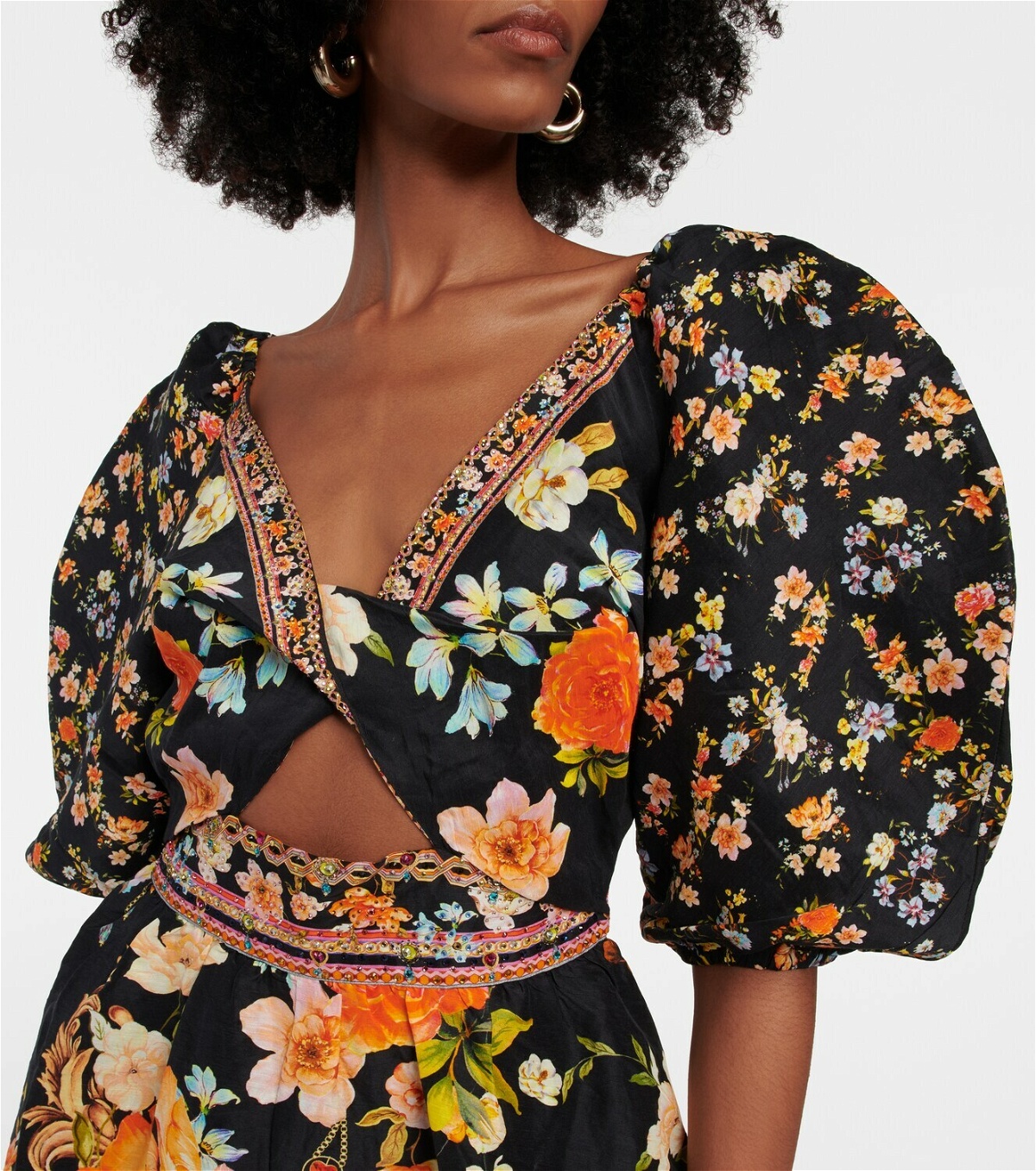 Camilla Puff-sleeve embellished silk minidress