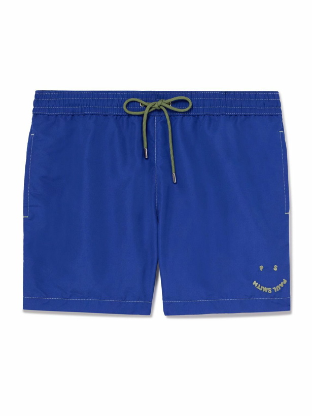 Photo: Paul Smith - Happy Slim-Fit Short-Length Logo-Embroidered Recycled Swim Shorts - Blue