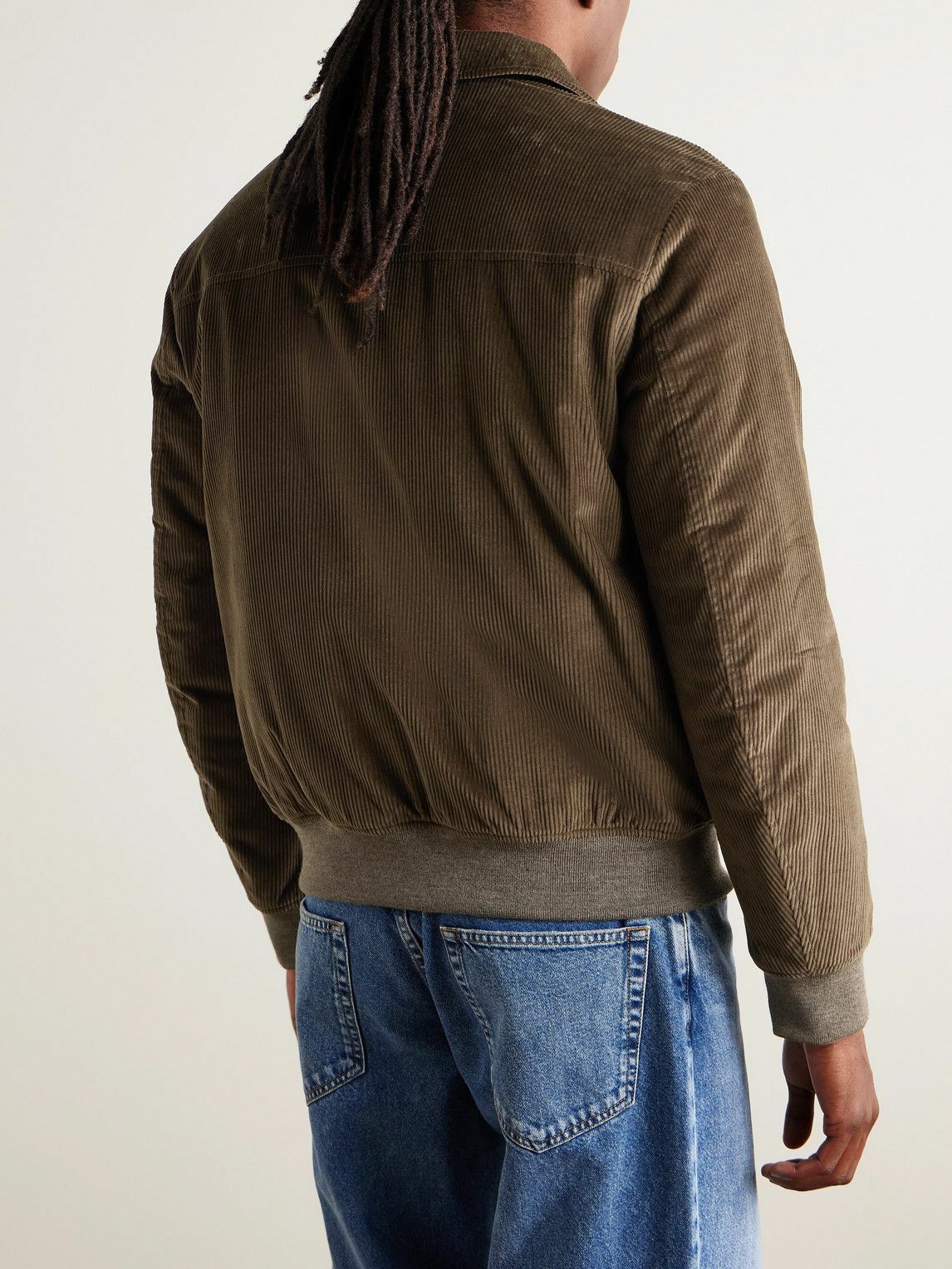 Canali - Leather-Trimmed Cotton-Corduroy Blouson Jacket - Green