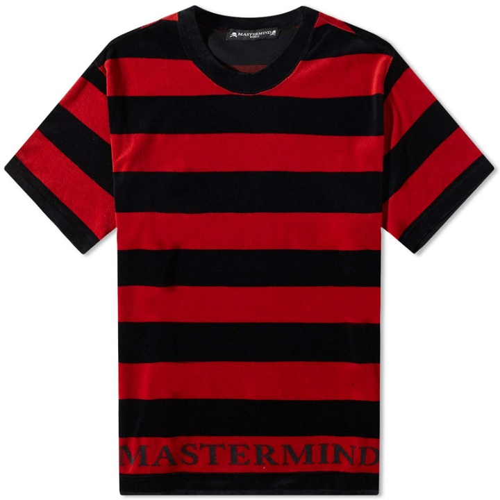 Photo: MASTERMIND WORLD Men's Velour Stripe T-Shirt in Black/Red