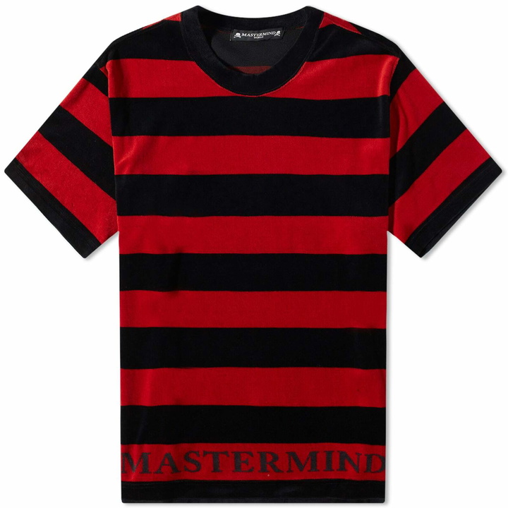 Photo: MASTERMIND WORLD Men's Velour Stripe T-Shirt in Black/Red