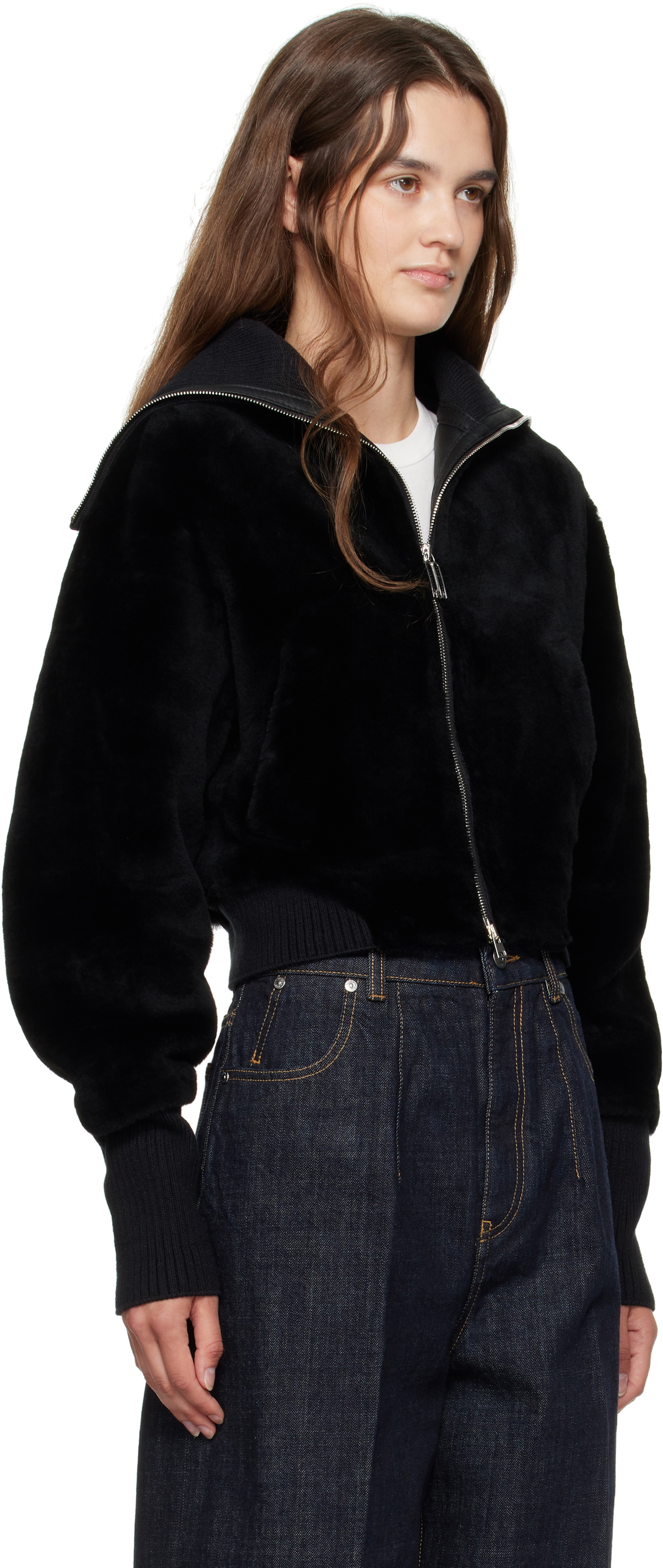 Victoria Beckham Black Zip Shearling Bomber Jacket