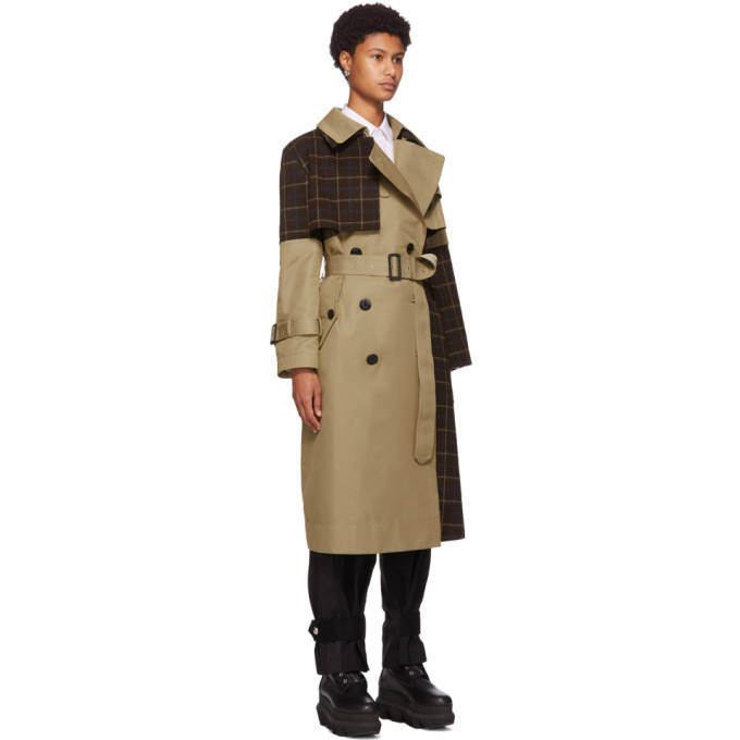 Sacai Beige Windowpane Check Panel Two-Tone Trench Coat Sacai