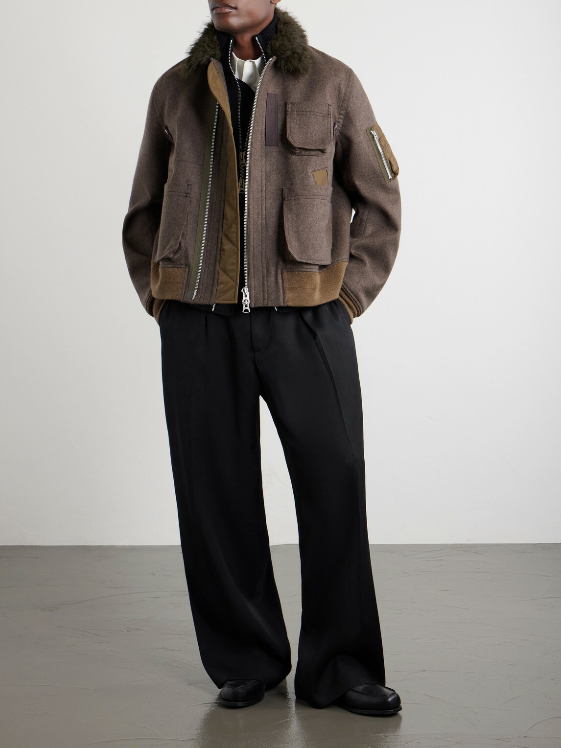 Sacai - Melton Plush-Trimmed Wool Blouson Jacket - Brown