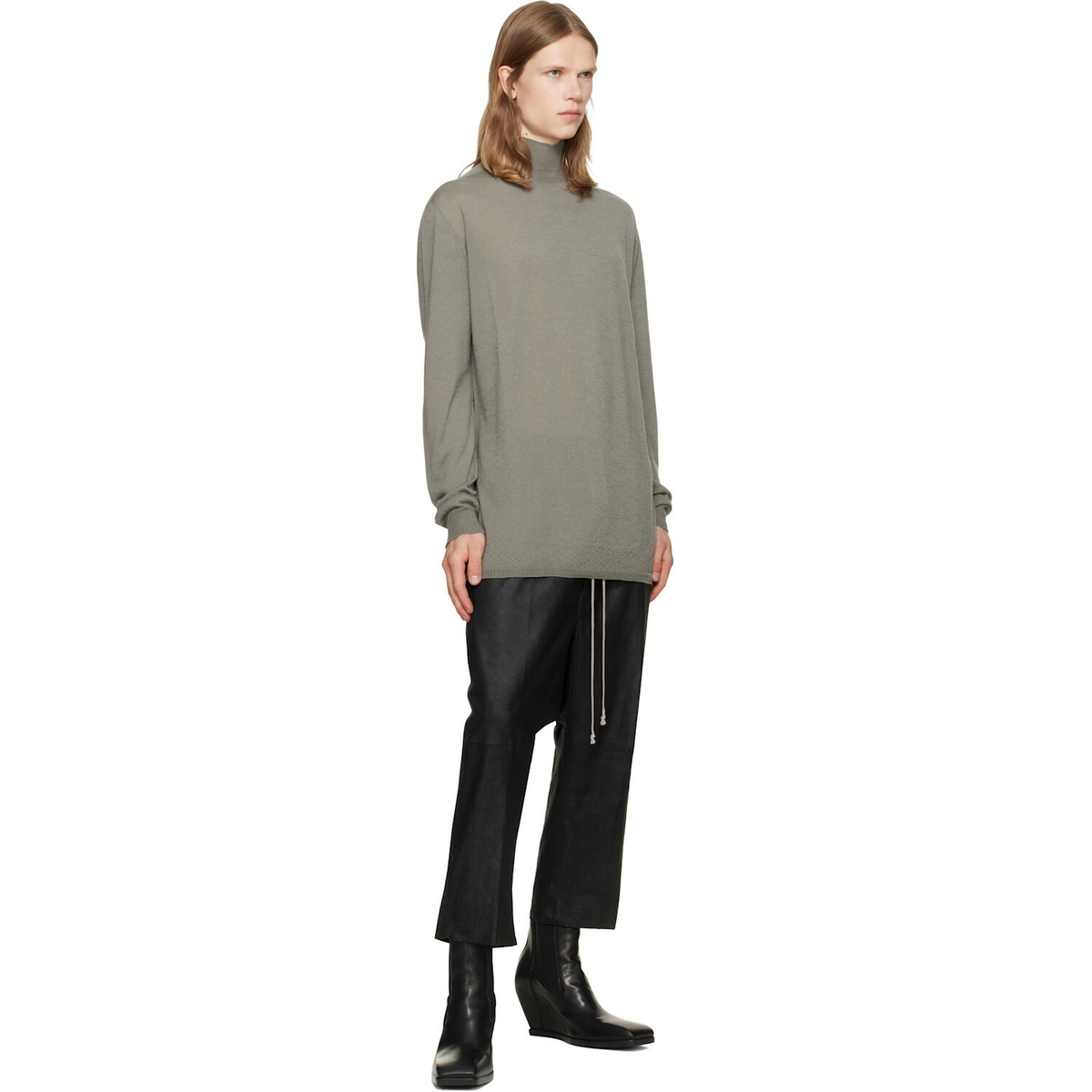 Rick Owens Black Tower Drawstring Cropped Leather Pants