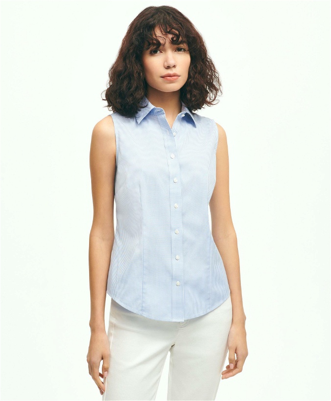 Photo: Brooks Brothers Women's Fitted Supima Cotton Non-Iron Sleeveless Gingham Shirt | Blue