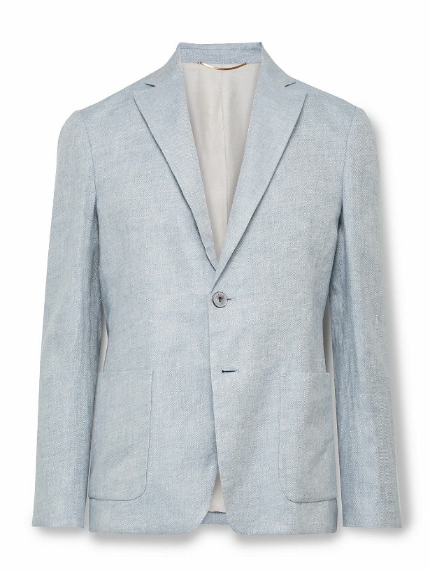 Photo: Agnona - Leather-Trimmed Linen Suit Jacket - Blue