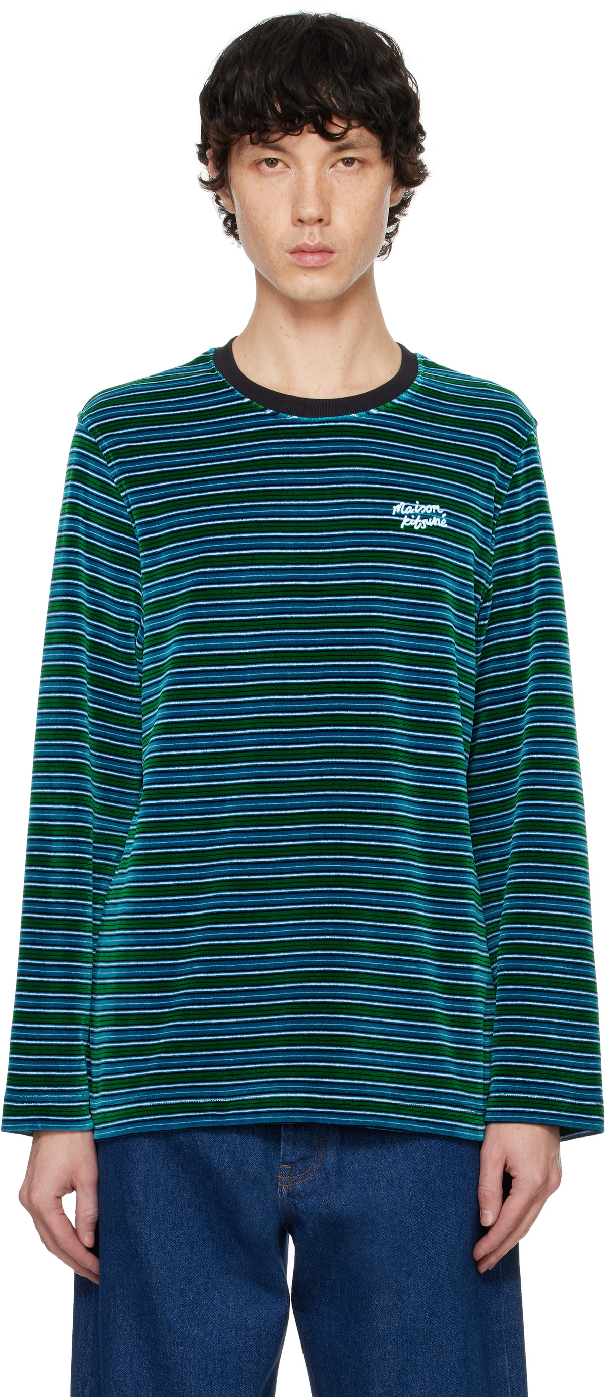 Maison Kitsuné Blue Striped Velvet Long Sleeve T-shirt Maison Kitsune