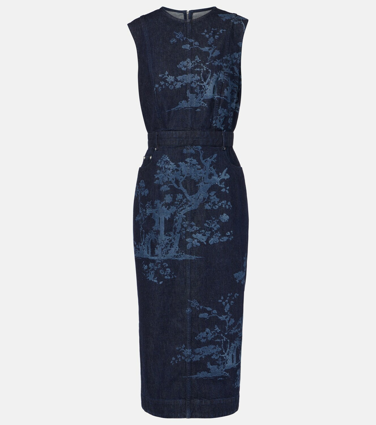 Erdem Embroidered cotton denim pencil dress