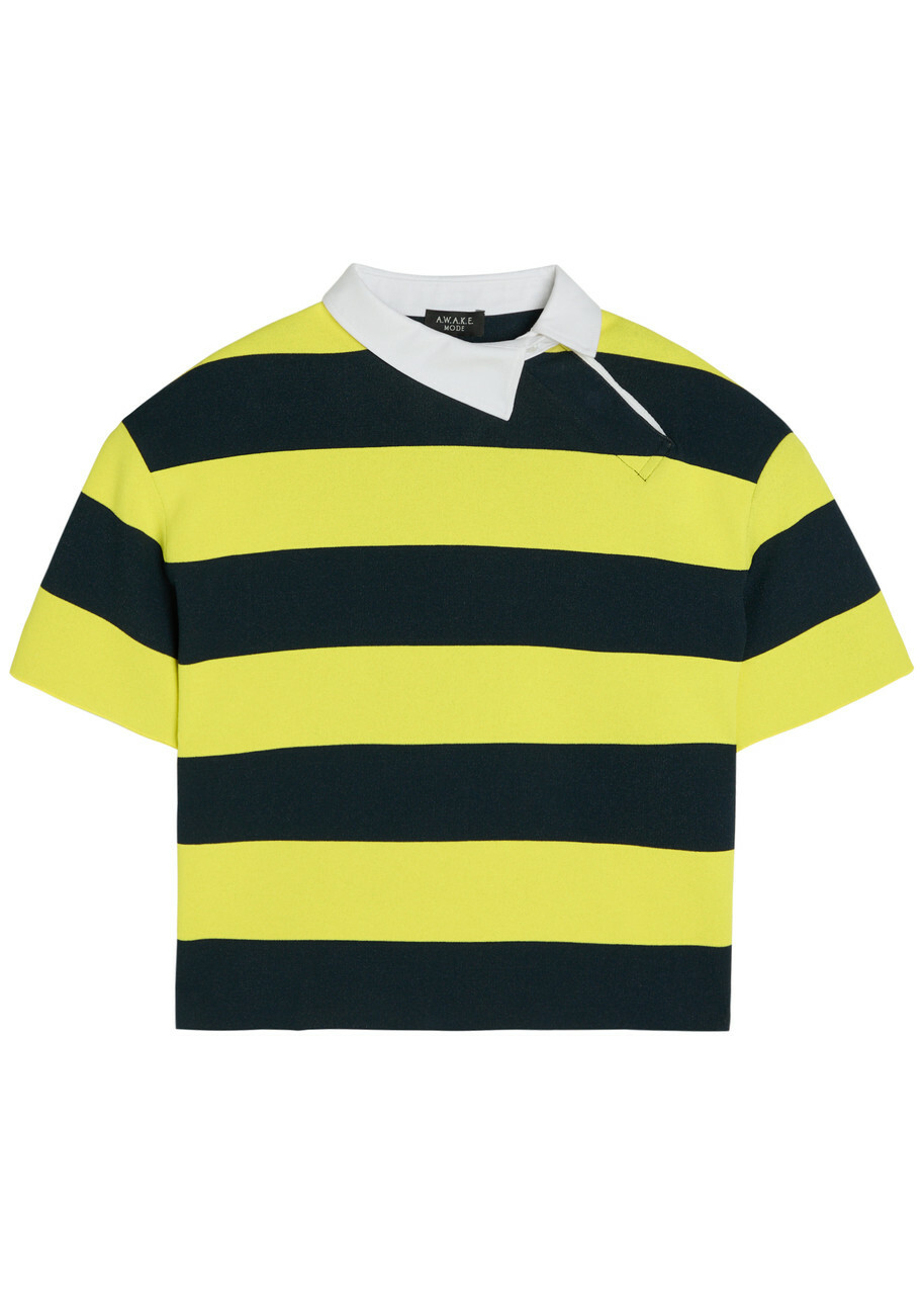 A.W.A.K.E Mode Striped Asymmetric Knit Rugby Polo top Yellow