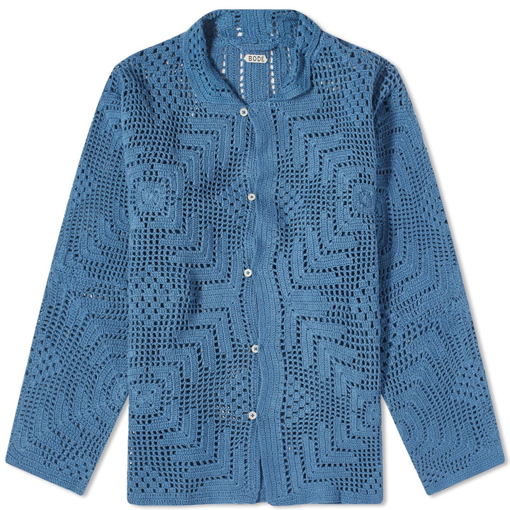 Photo: Bode Men's Overdye Crochet Shirt in Petrol