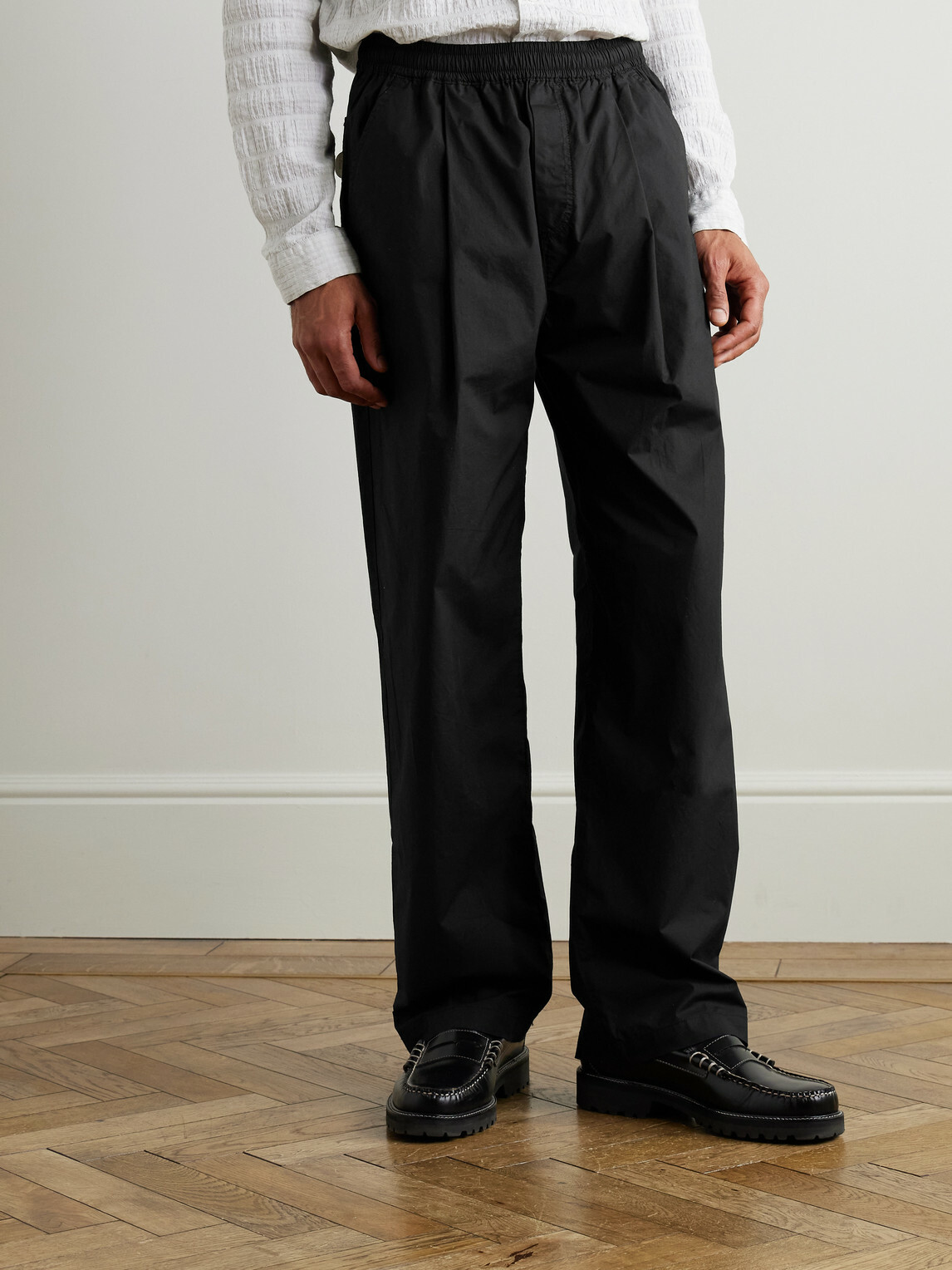 Folk - Straight-Leg Pleated Stretch Cotton-Ripstop Trousers - Black