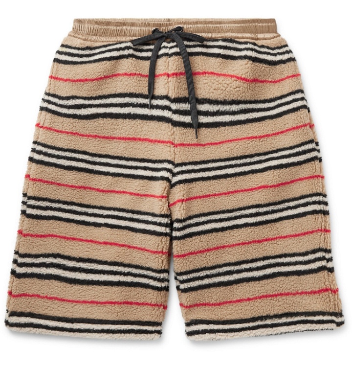 Photo: Burberry - Shell-Trimmed Striped Fleece Drawstring Shorts - Brown