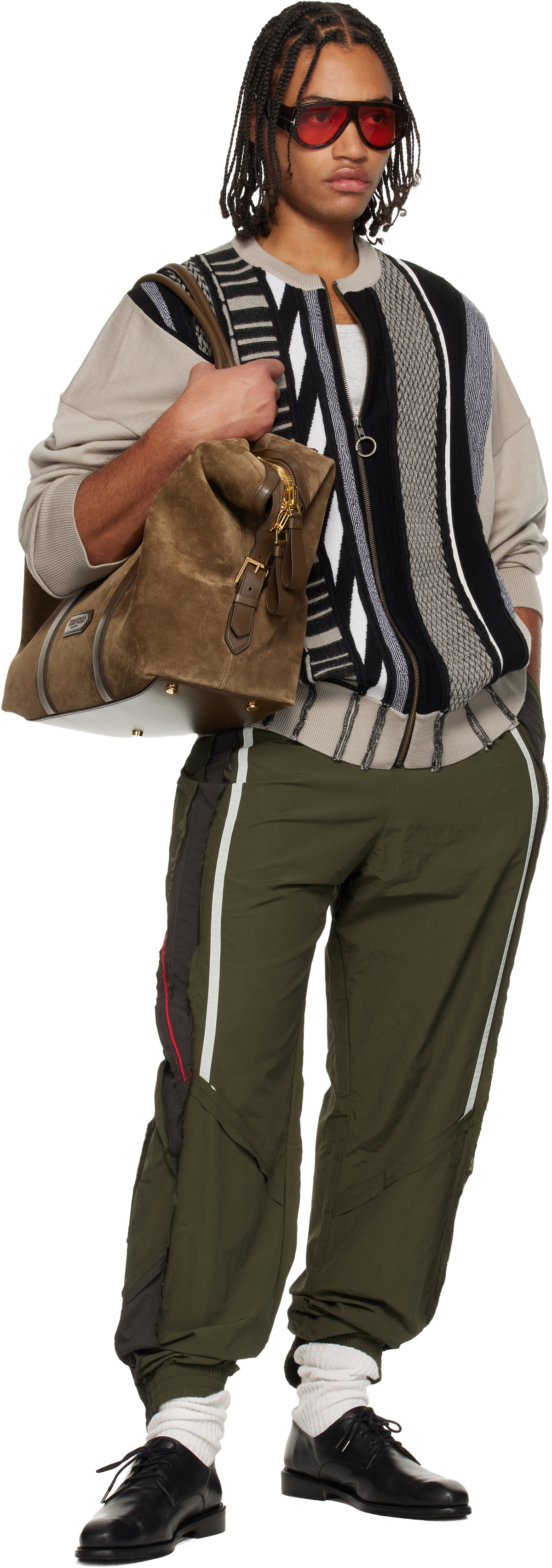 Martine Rose Beige & Black Multi Stripe Zip Up Crew Sweater