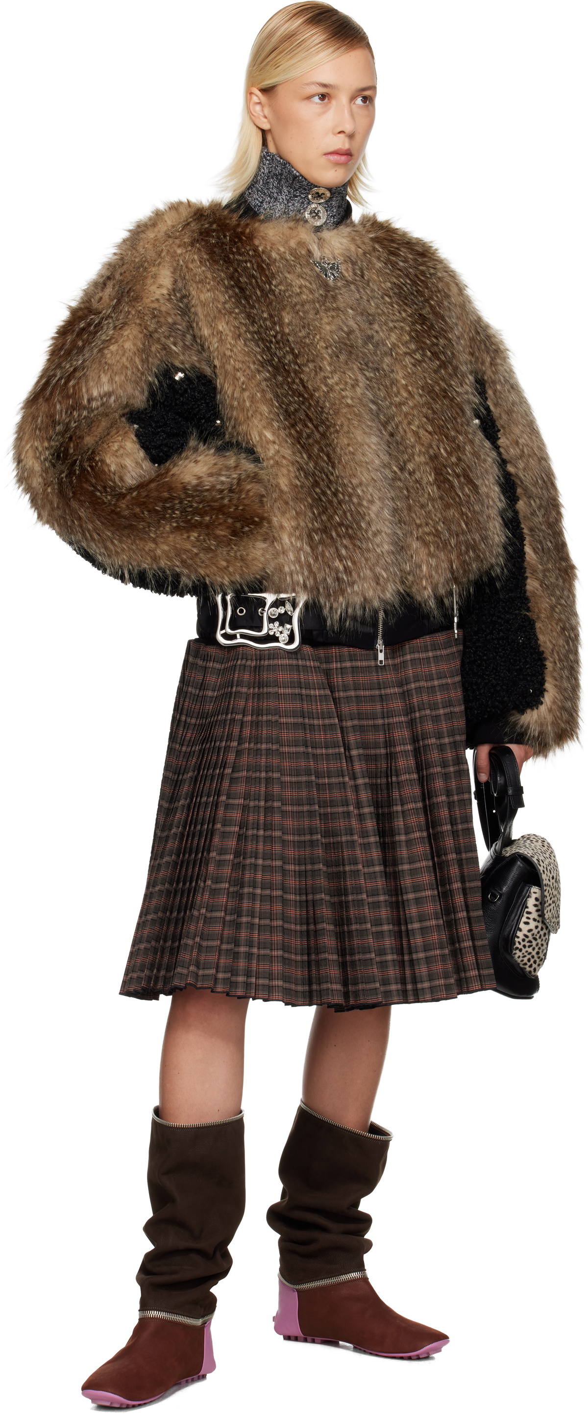 Chopova Lowena Black & Beige French Kiss Faux-Fur Bomber Jacket