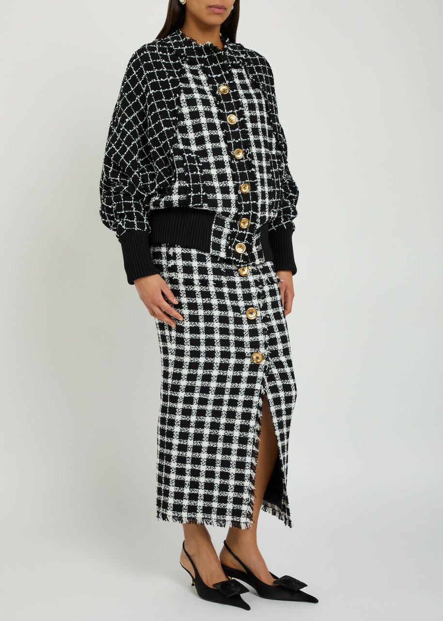 Balmain Checked Tweed Midi Skirt Black And White