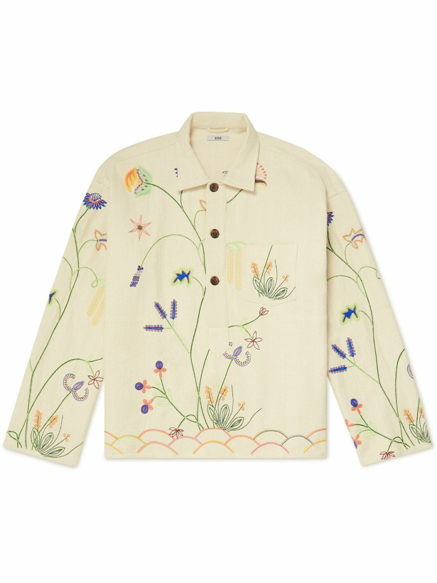Photo: BODE - Wildflower Embroidered Cotton Half-Placket Shirt - Neutrals