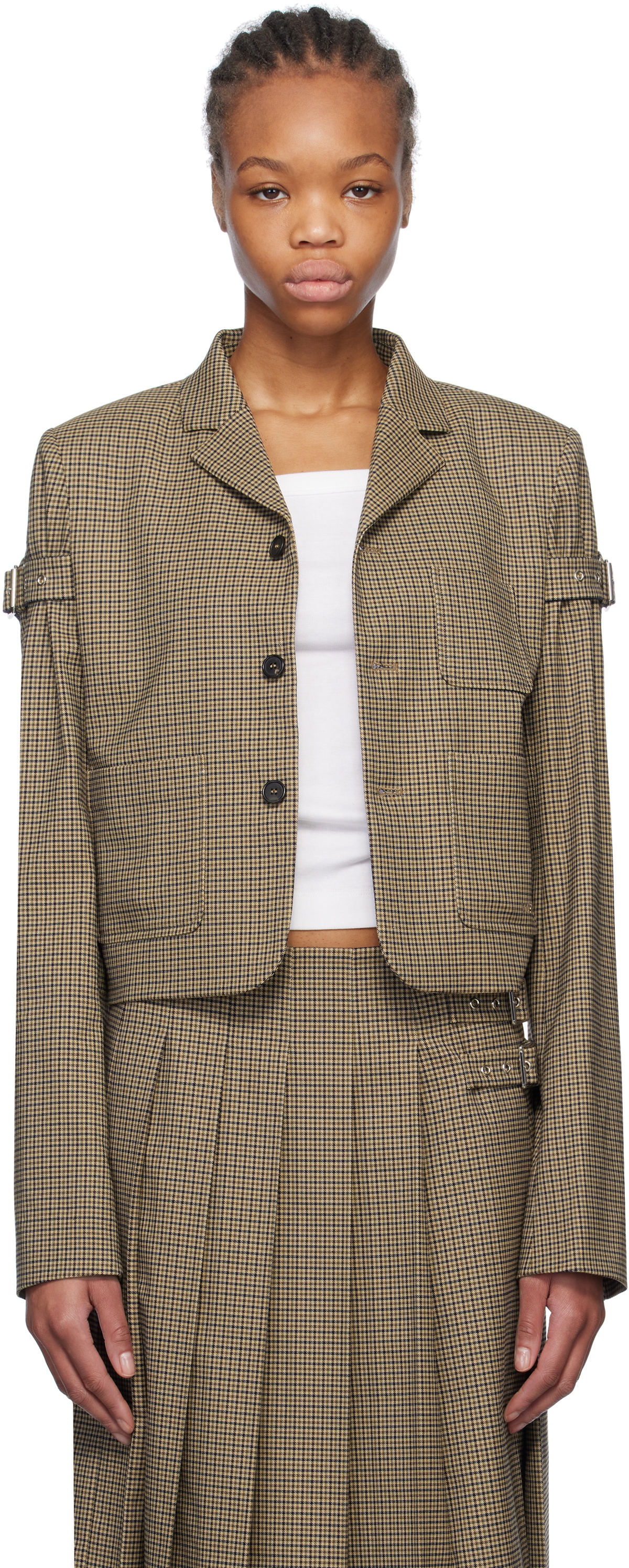 We11done Beige Checkered Belted Blazer