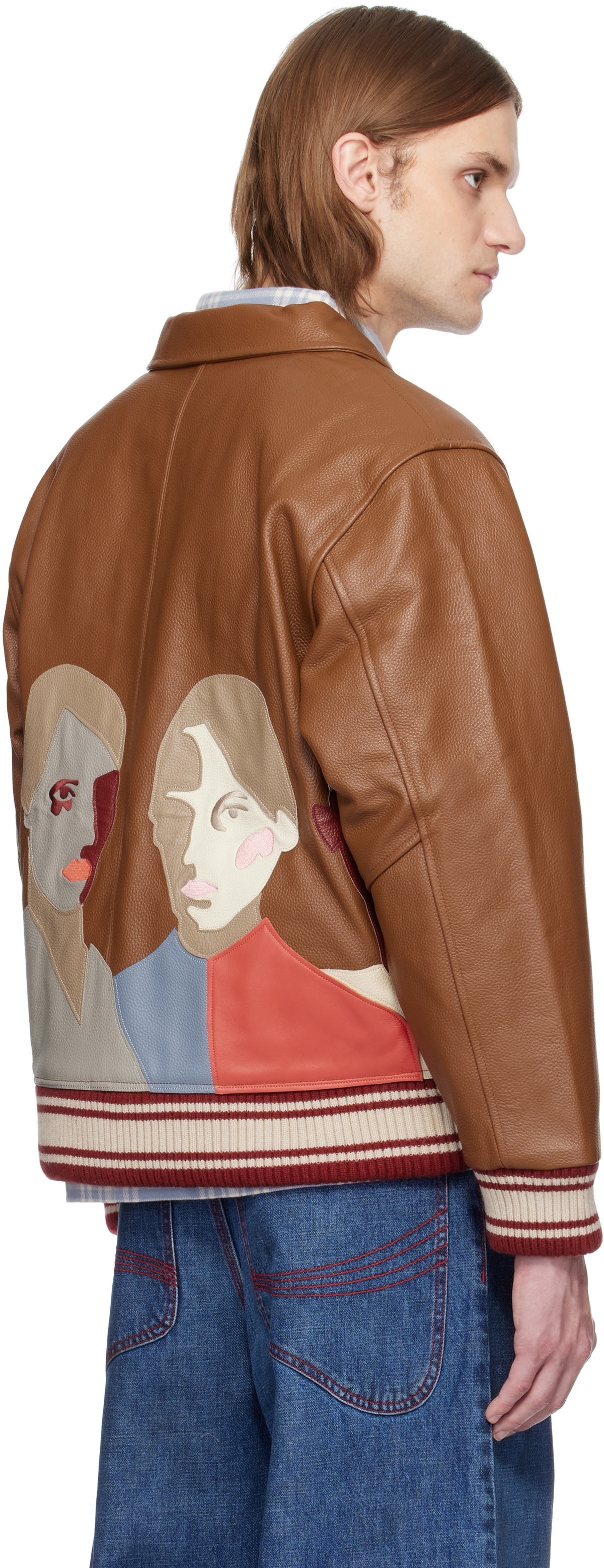 KidSuper Brown Patchwork Portraits Leather Varsity Jacket