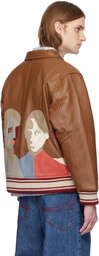 KidSuper Brown Patchwork Portraits Leather Varsity Jacket