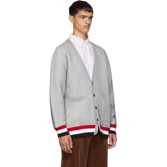 Thom Browne Grey Chunky Loopback Oversized V-Neck Cardigan Thom Browne