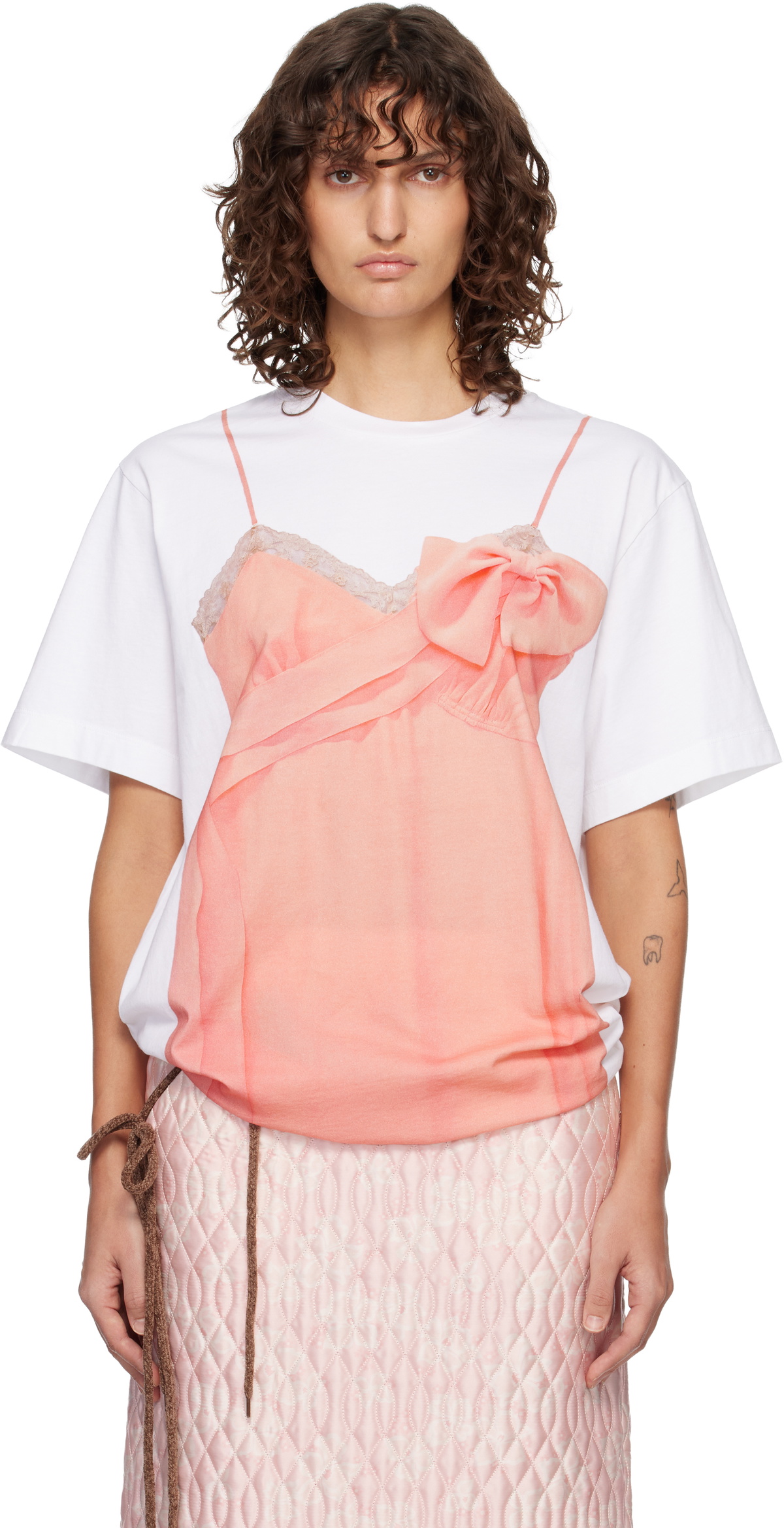 Simone Rocha White & Pink Bow Sash Slip Dress Trompe L'Oeil T-shirt