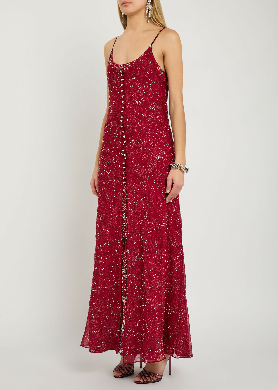 Rabanne Bead-embellished Chiffon Maxi Dress Red
