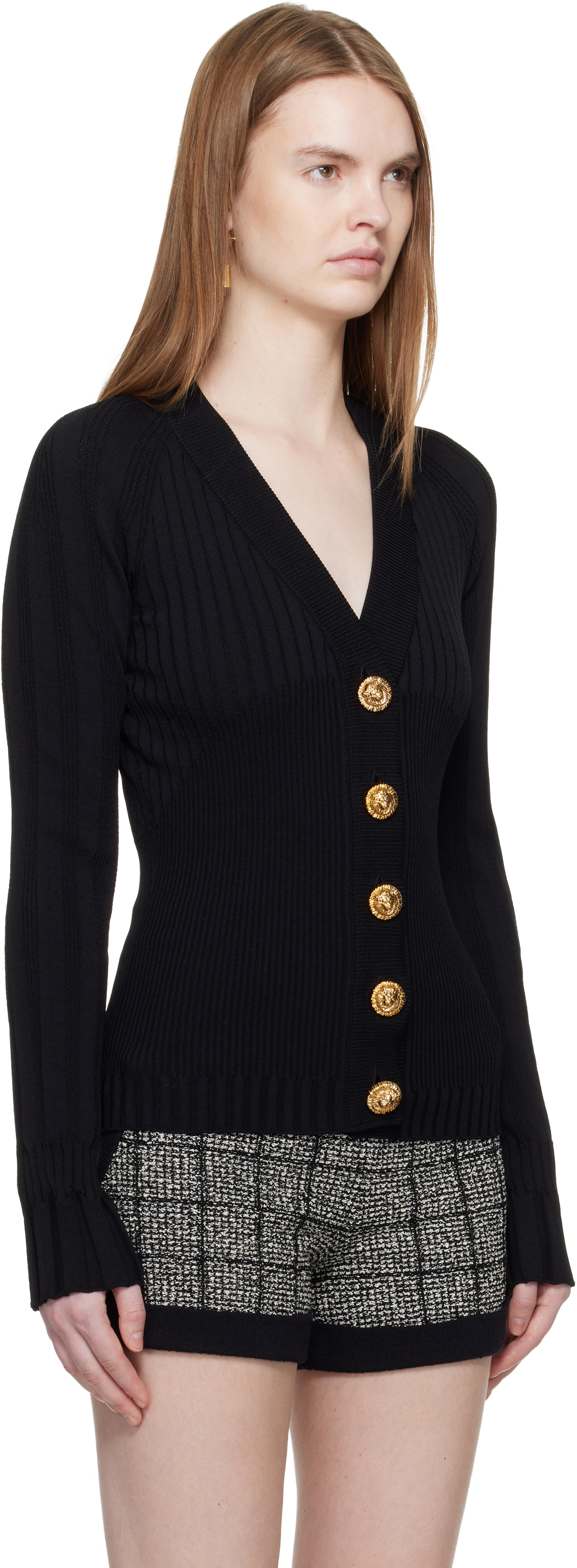Balmain Black Buttoned V-Neck Light Knit Cardigan