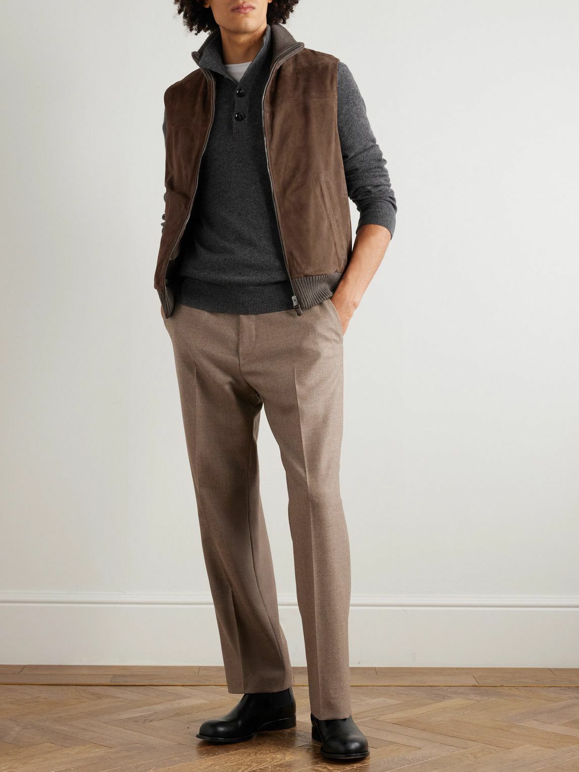 Canali - Padded Suede and Ribbed Wool Gilet - Brown