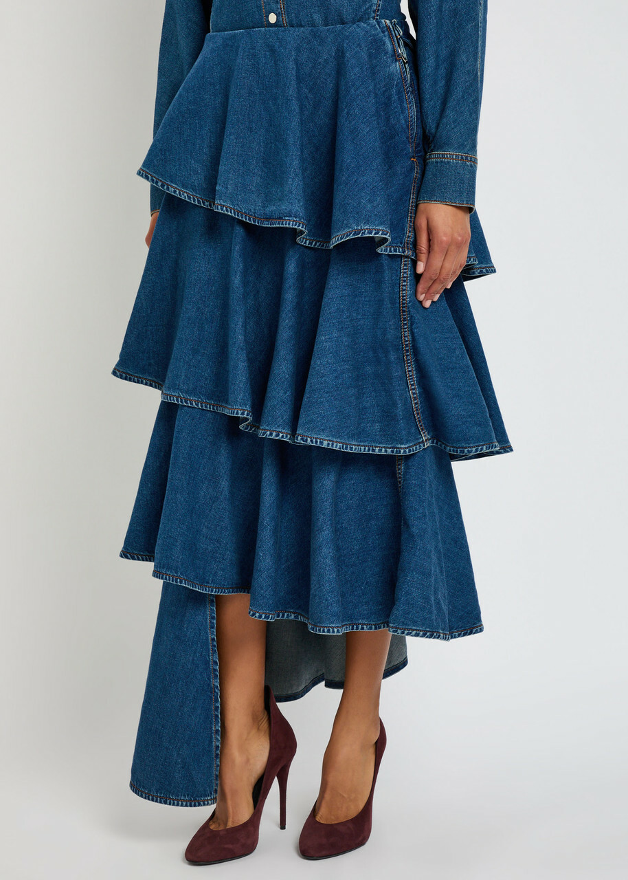 Alaïa Spiral Asymmetric Tiered Denim Midi Skirt Blue