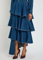Alaïa Spiral Asymmetric Tiered Denim Midi Skirt Blue