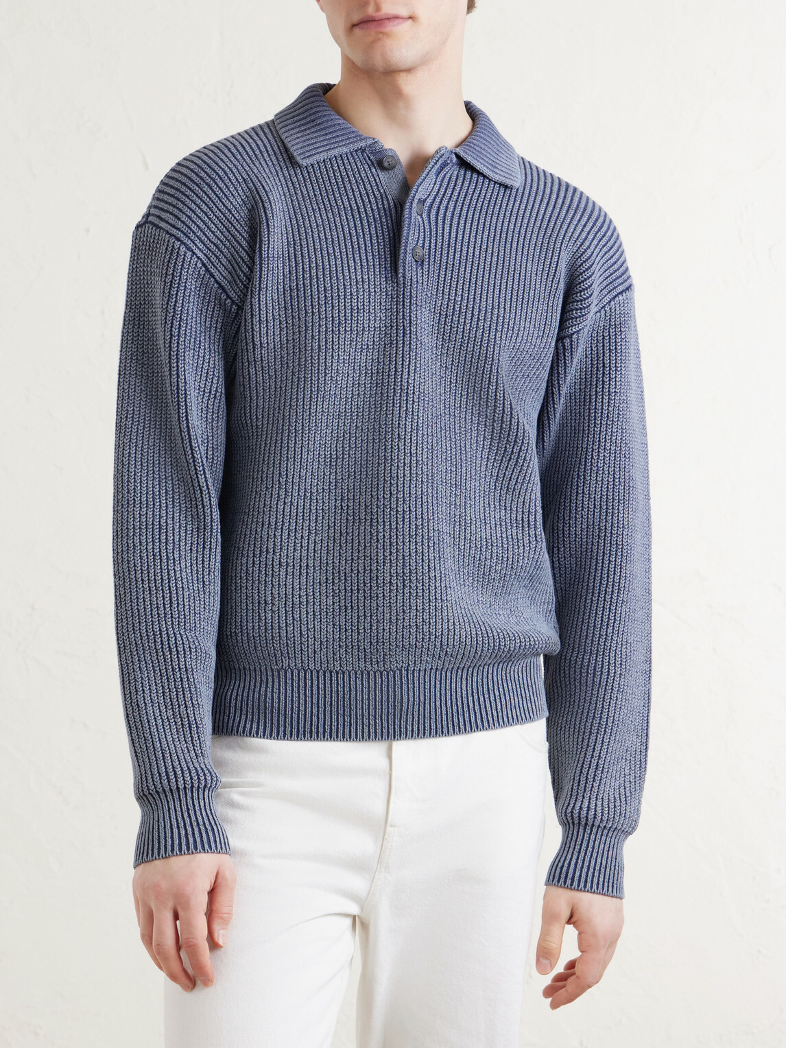 Aimé Leon Dore - Knitted Cotton-Blend Polo Sweater - Blue
