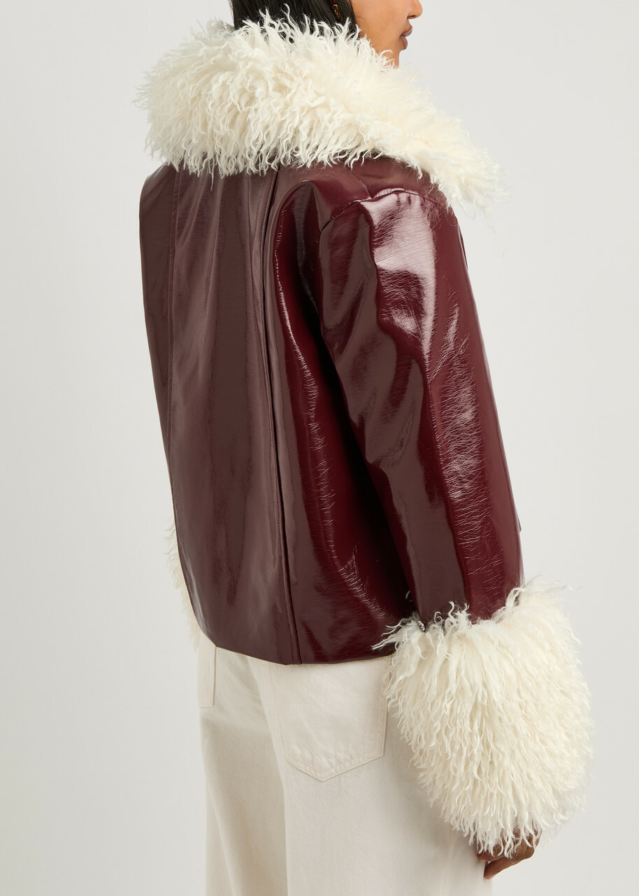 Kitri Bonnie Faux Shearling-trimmed Vinyl Jacket Burgundy
