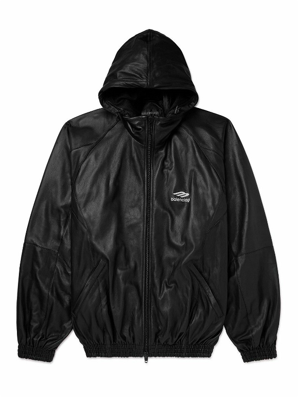 Photo: Balenciaga - Logo-Print Leather Hooded Jacket - Black