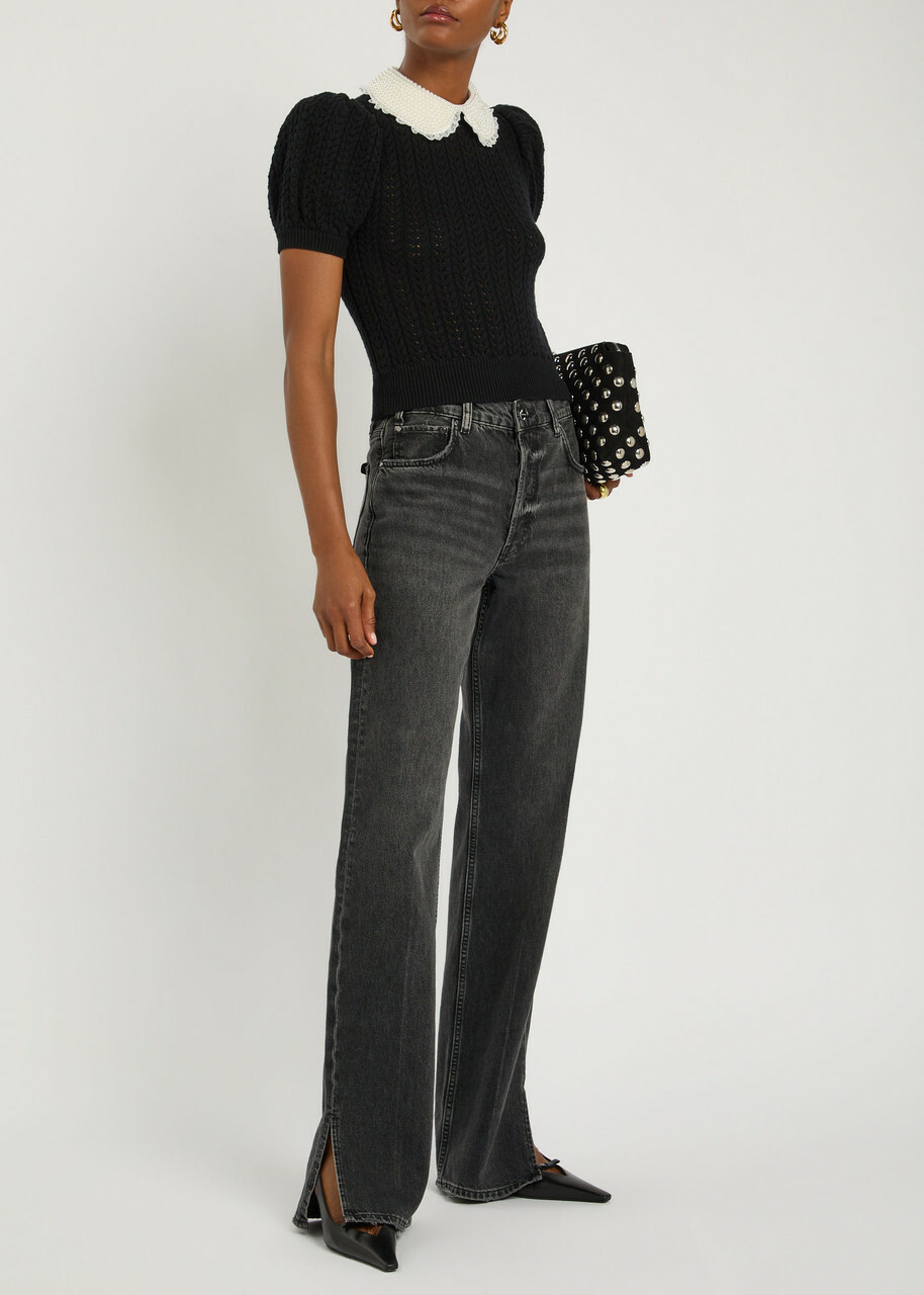 Alice + Olivia Chase Puff Faux Pearl-embellished Cotton-blend top Black
