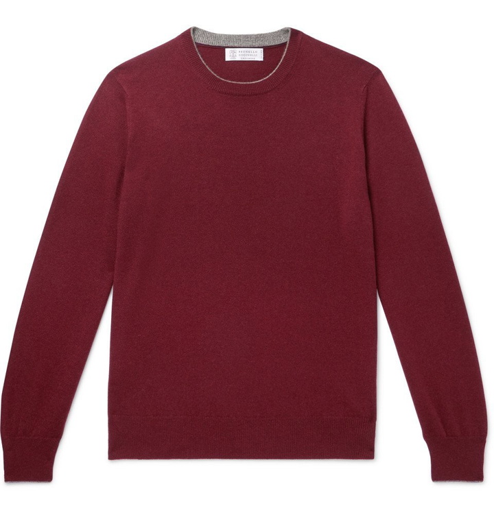 Photo: Brunello Cucinelli - Contrast-Tipped Cashmere Sweater - Burgundy