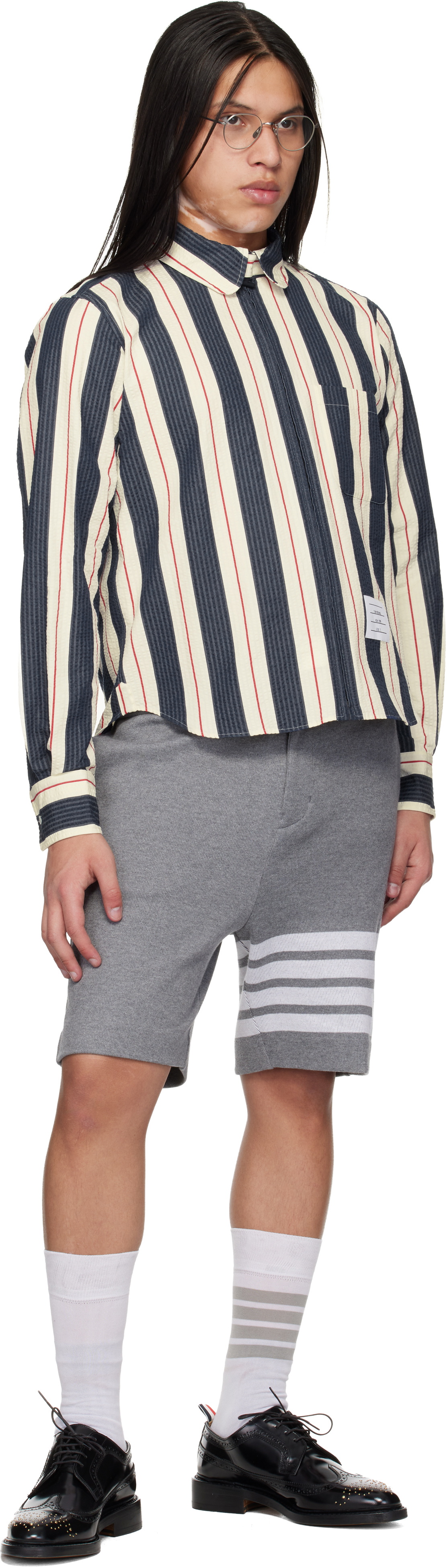 Thom Browne Navy & White Stripe Seersucker Zip Shirt