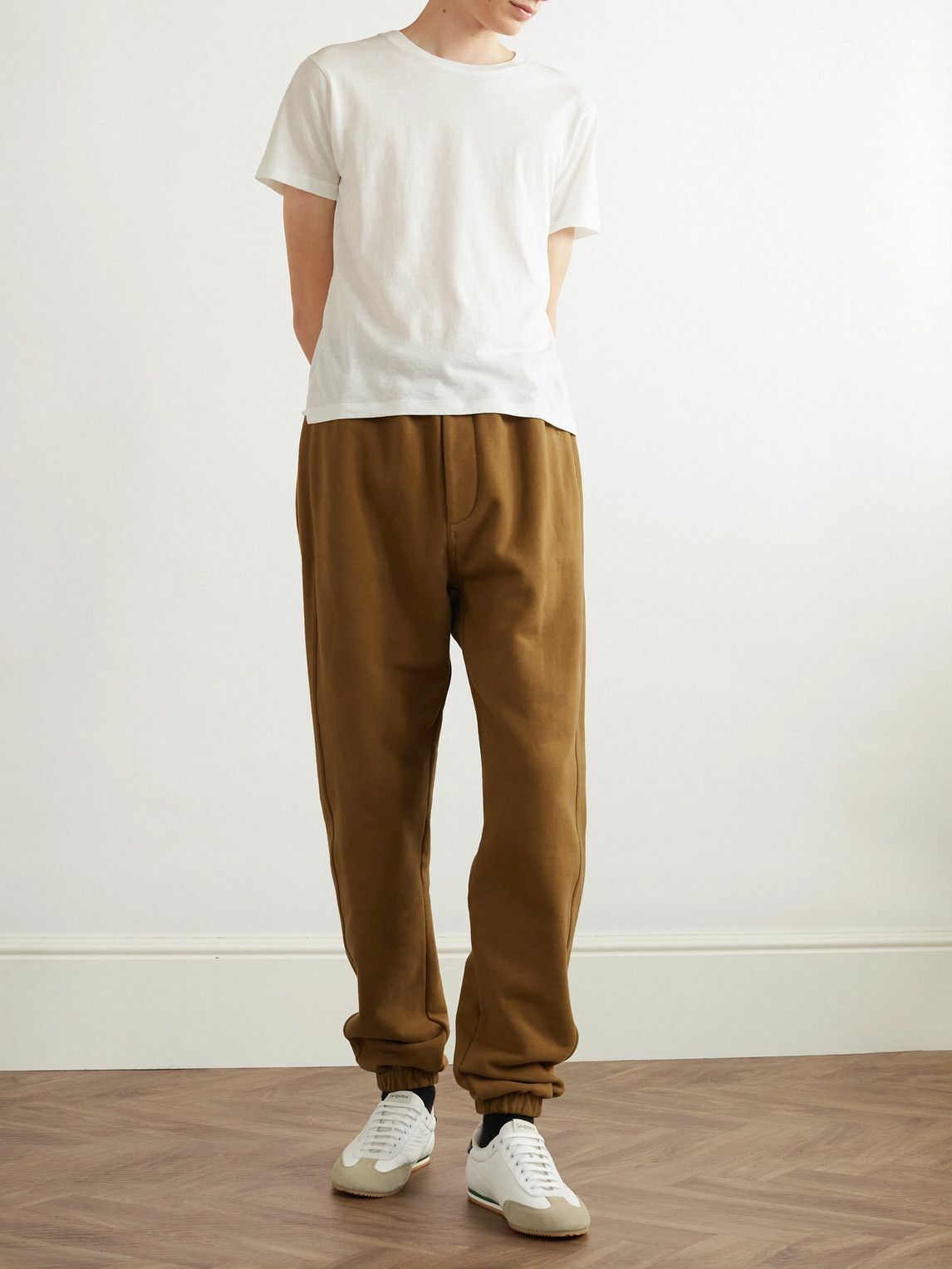SAINT LAURENT - Tapered Logo-Embroidered Cotton-Jersey Sweatpants - Brown