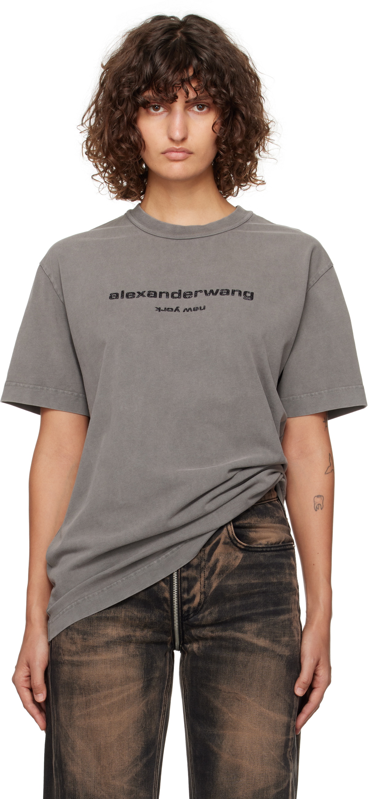 alexander wang MULTICOLOR LOGO ロンT グレー Gray Glitter Puff Logo Long-Sleeve T-shirt by Alexander Wang