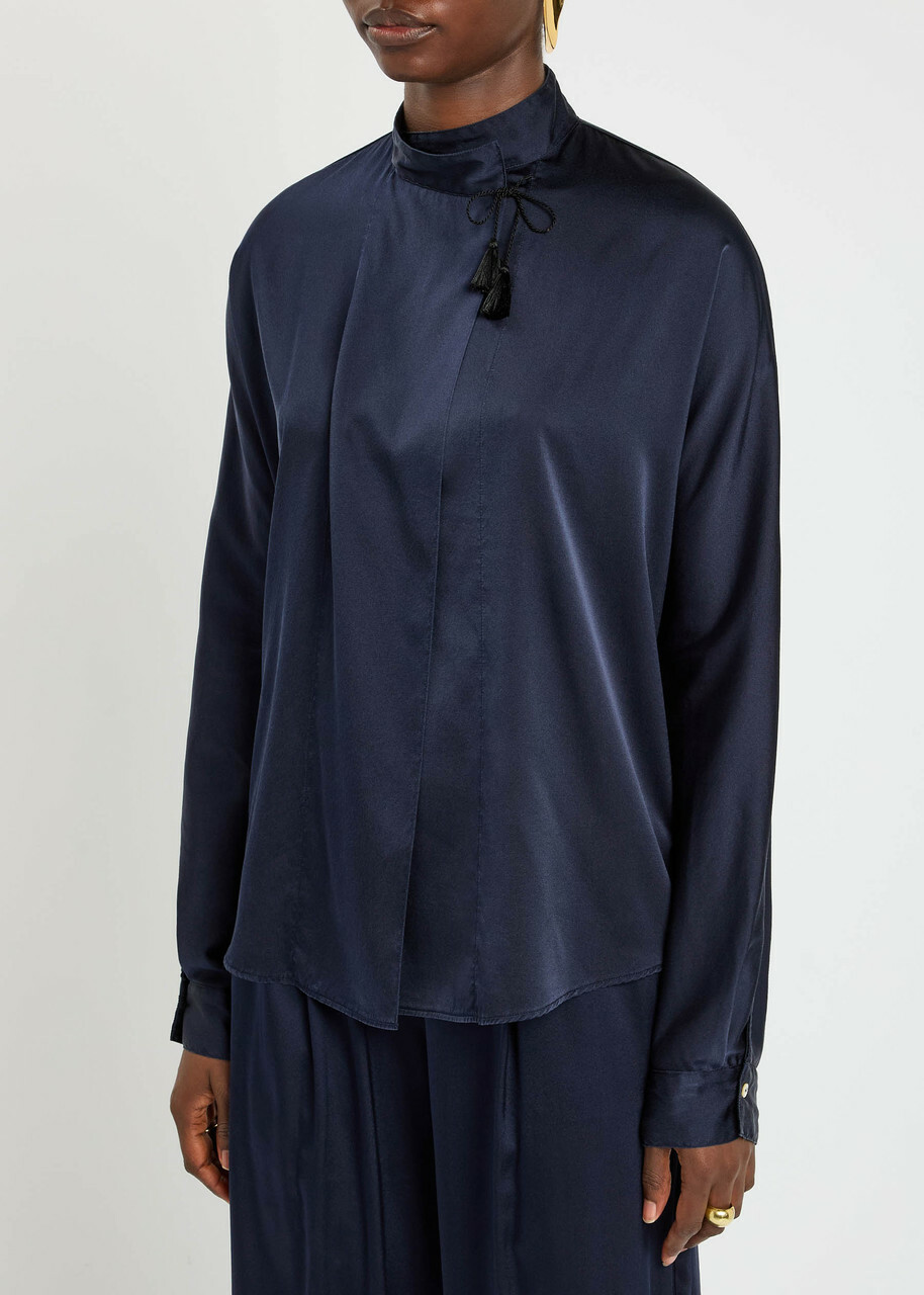 Forte_forte Wrap-front Stretch-silk Blouse Dark Blue