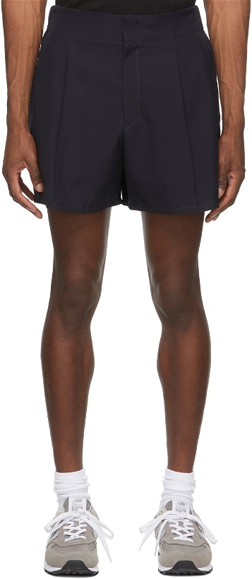 Photo: OVERCOAT Indigo High-Waisted Flare Shorts