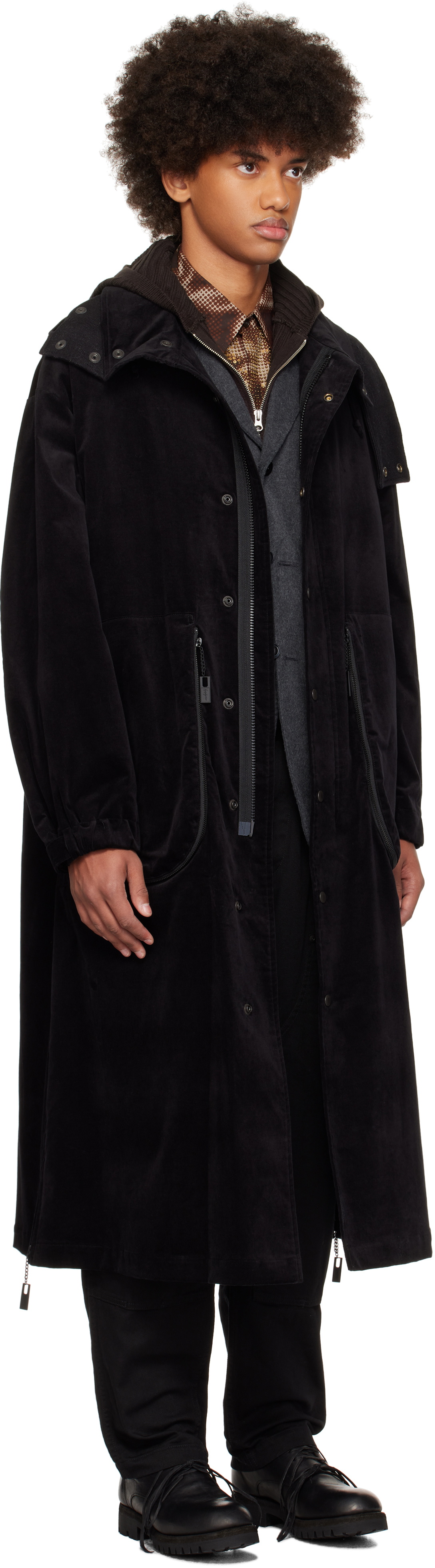 YOHJI YAMAMOTO Black M-Velvet Hooded Coat