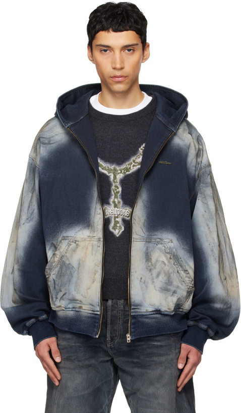 Photo: We11done Blue Zip-Up Dirty Denim Jacket