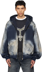 We11done Blue Zip-Up Dirty Denim Jacket